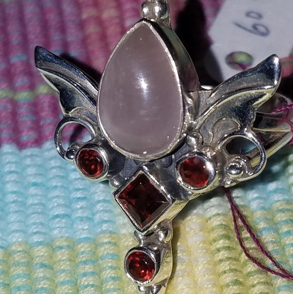 Sterling Silver Rose quartz Garnet Angel wing Ring size 7.5 - Picture 3 of 6